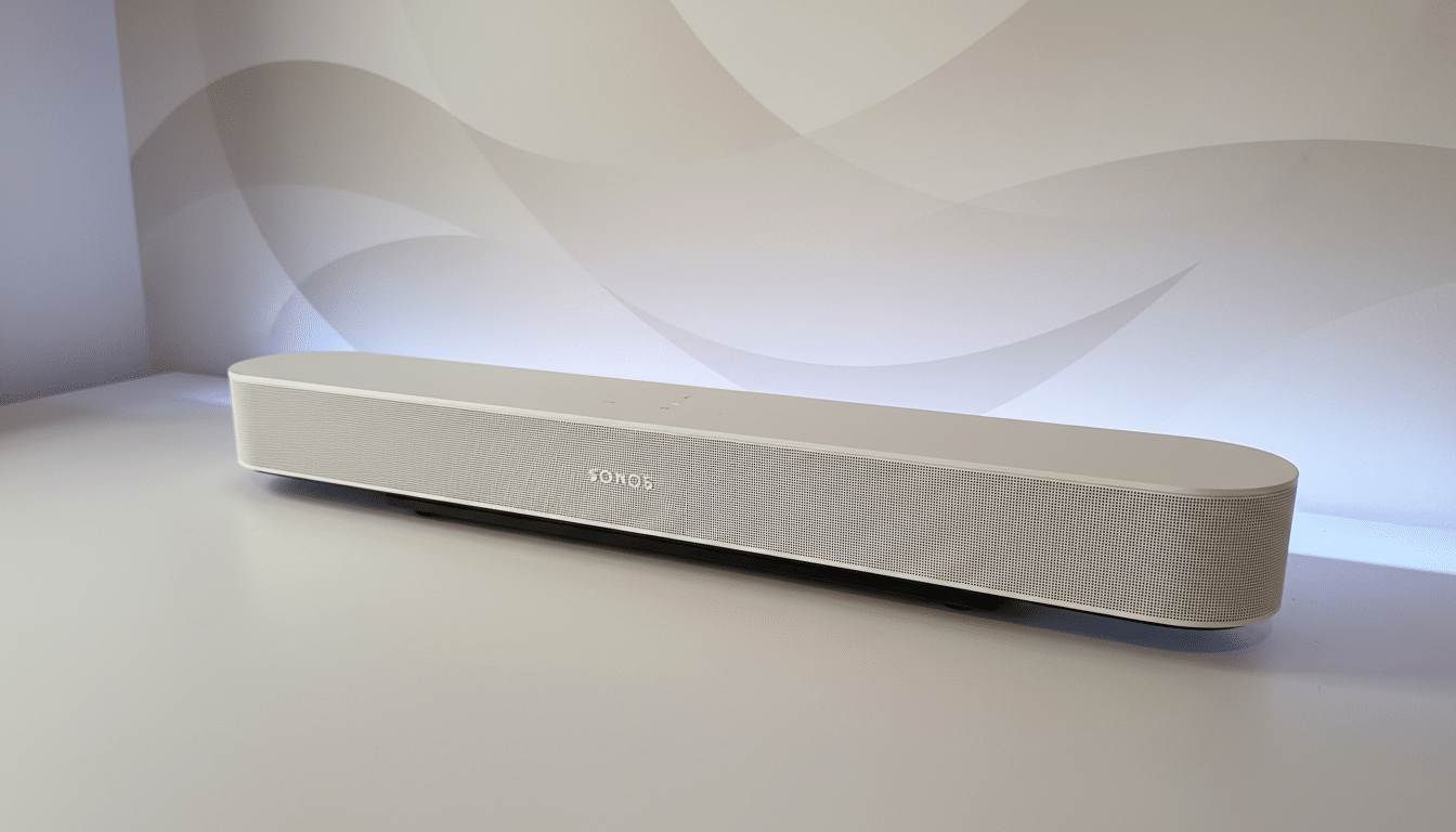 A white Sonos soundbar sits on a white surface with a professional flat design background featuring soft gray patterns.