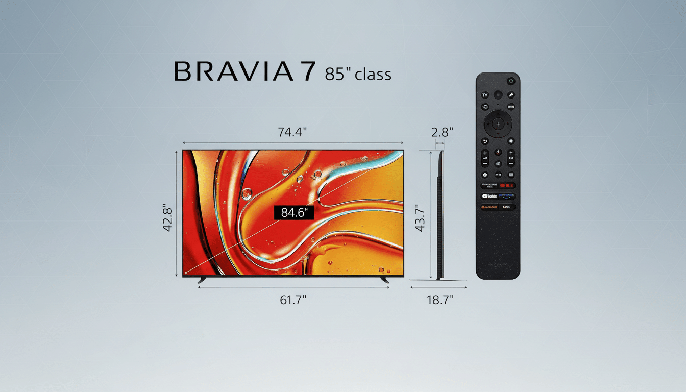 A professional image showcasing the dimensions of a BRAVIA 7 85 class television and its remote control, set against a clean, soft gray background with subtle geometric patterns.