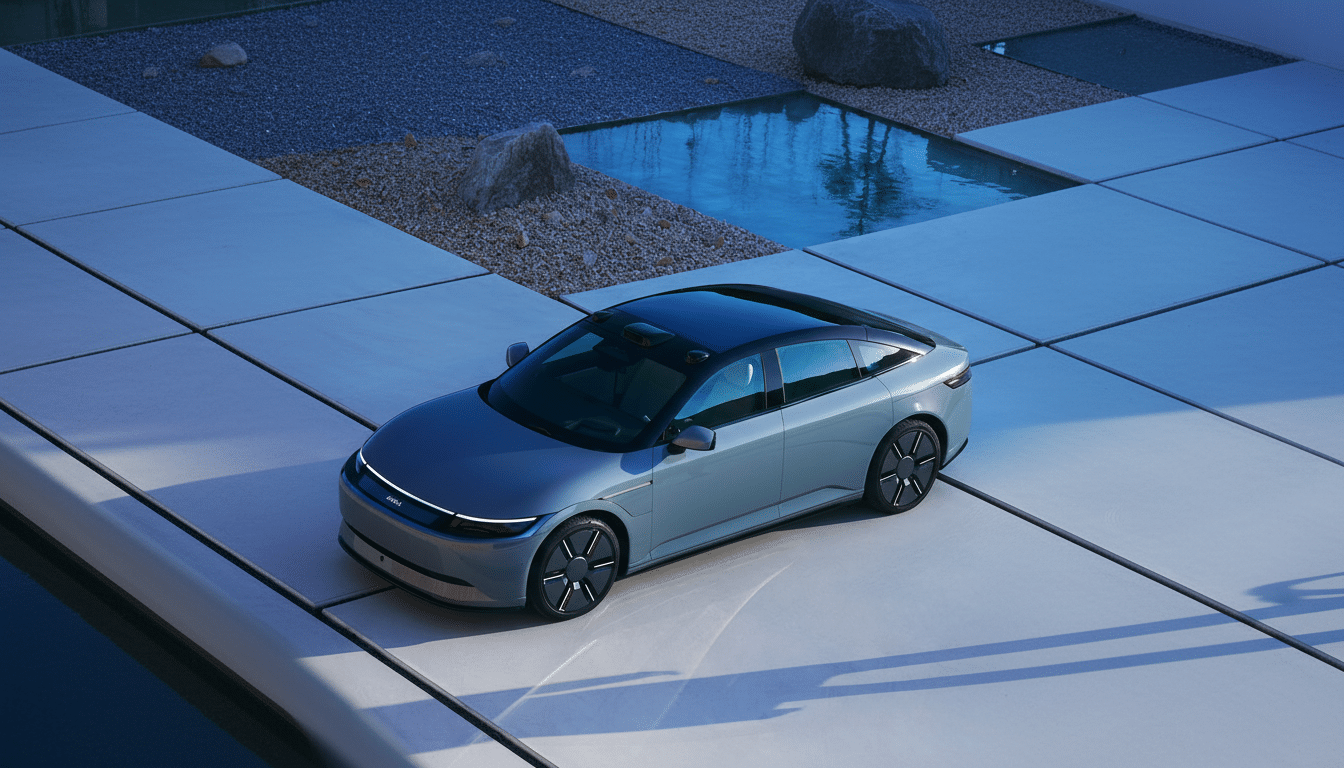 A sleek, modern gray electric car with a black roof is parked on a light gray paved area next to a reflective pool of water and some dark gravel.