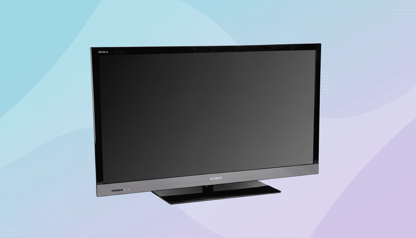 A Sony Bravia television with a black screen and a silver-grey base, set against a professional flat design background with soft blue and purple gradients and subtle wave patterns.