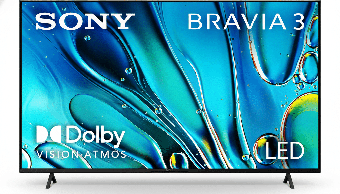 A Sony Bravia 3 LED television with a screen displaying abstract blue and green liquid patterns, set against a white background.