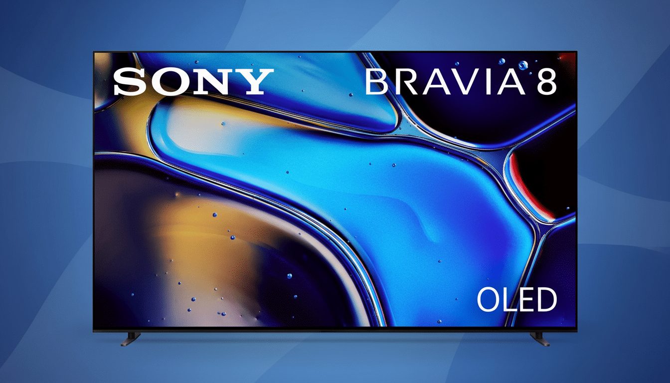 A Sony Bravia 8 OLED TV displayed against a professional blue background with subtle wave patterns.