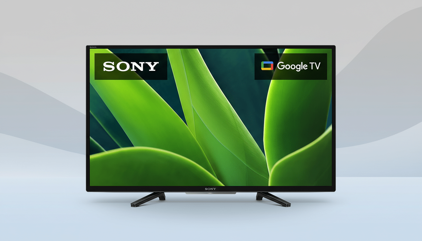 A Sony Bravia Google TV with a green leaf background on the screen, presented on a professional flat design background with soft blue and grey gradients.
