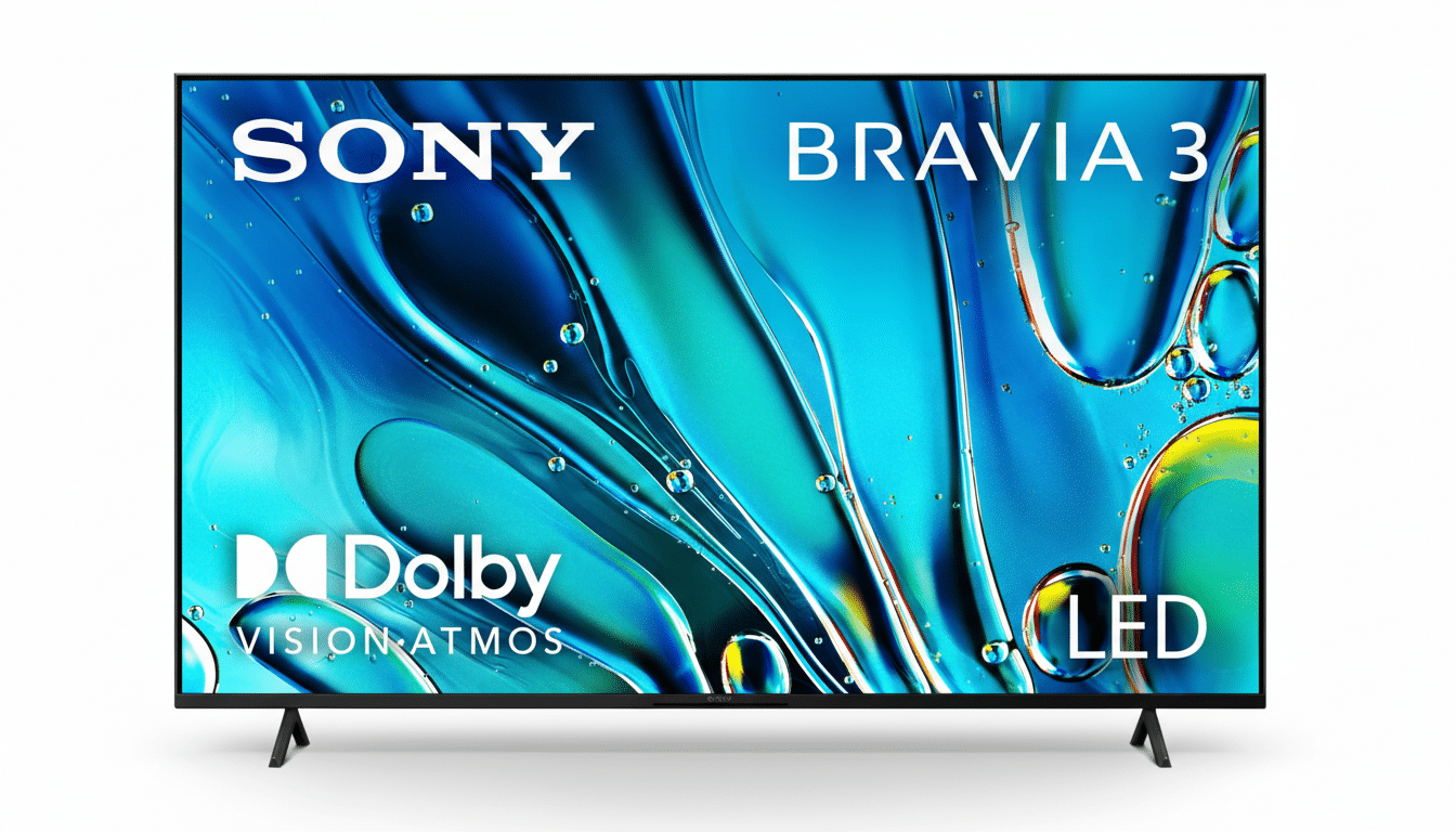 A Sony Bravia 3 LED TV with a blue and yellow abstract image on the screen, set against a white background.
