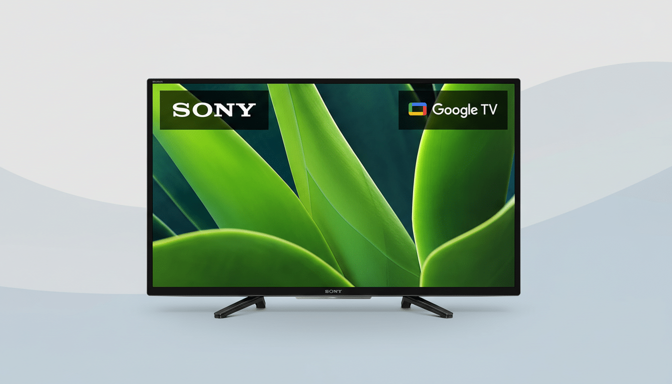 A Sony Google TV with a green leaf background on the screen, presented on a professional flat design background with soft blue and grey patterns.