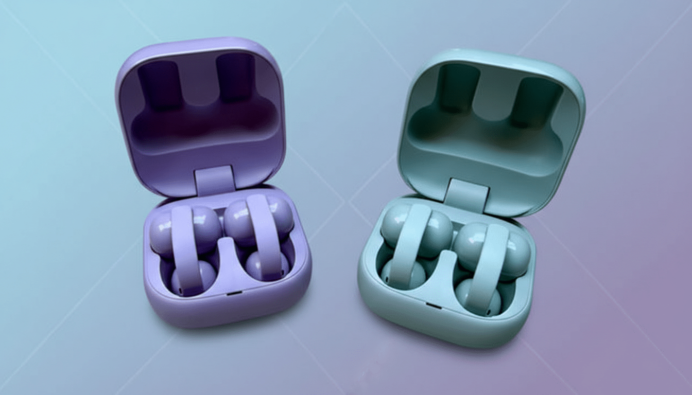 Two open earbud cases, one purple and one light blue, each containing a pair of matching wireless earbuds, set against a professional background with soft gradients.