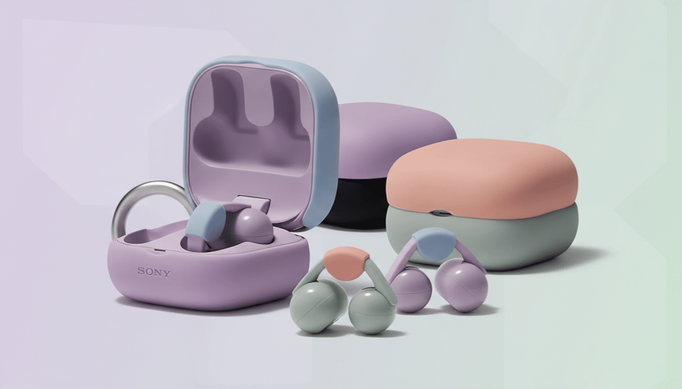 A professional studio shot of Sony LinkBuds and LinkBuds S in various pastel colors, including lavender, light blue, peach, and mint green, against a soft gradient background.