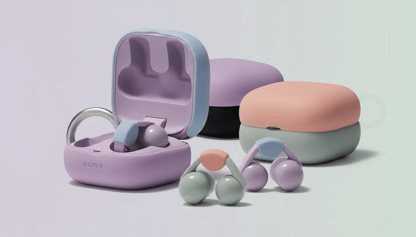 A professional studio shot of Sony LinkBuds and their charging cases in pastel colors, including lavender, light blue, peach, and mint green, against a subtle gradient background.