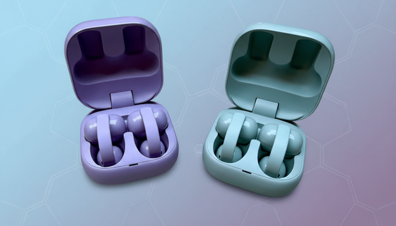 Two open earbud cases, one purple and one light blue, each containing a pair of matching wireless earbuds, set against a professional gradient background with subtle geometric patterns.
