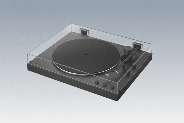 A black Sony turntable with a clear dust cover, presented on a professional flat gray background with subtle patterns.