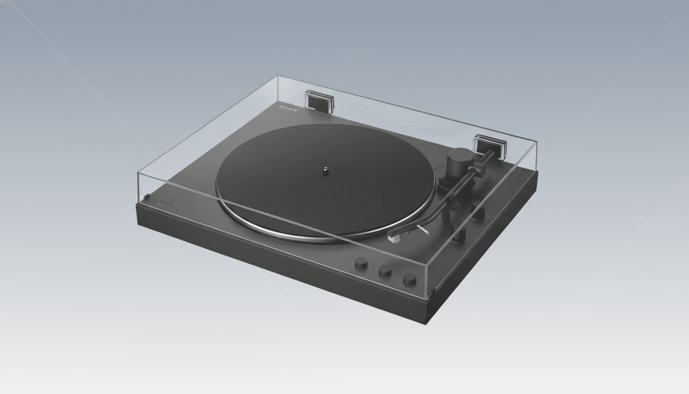 A black Sony turntable with a clear dust cover, presented on a professional flat gray background with subtle patterns.