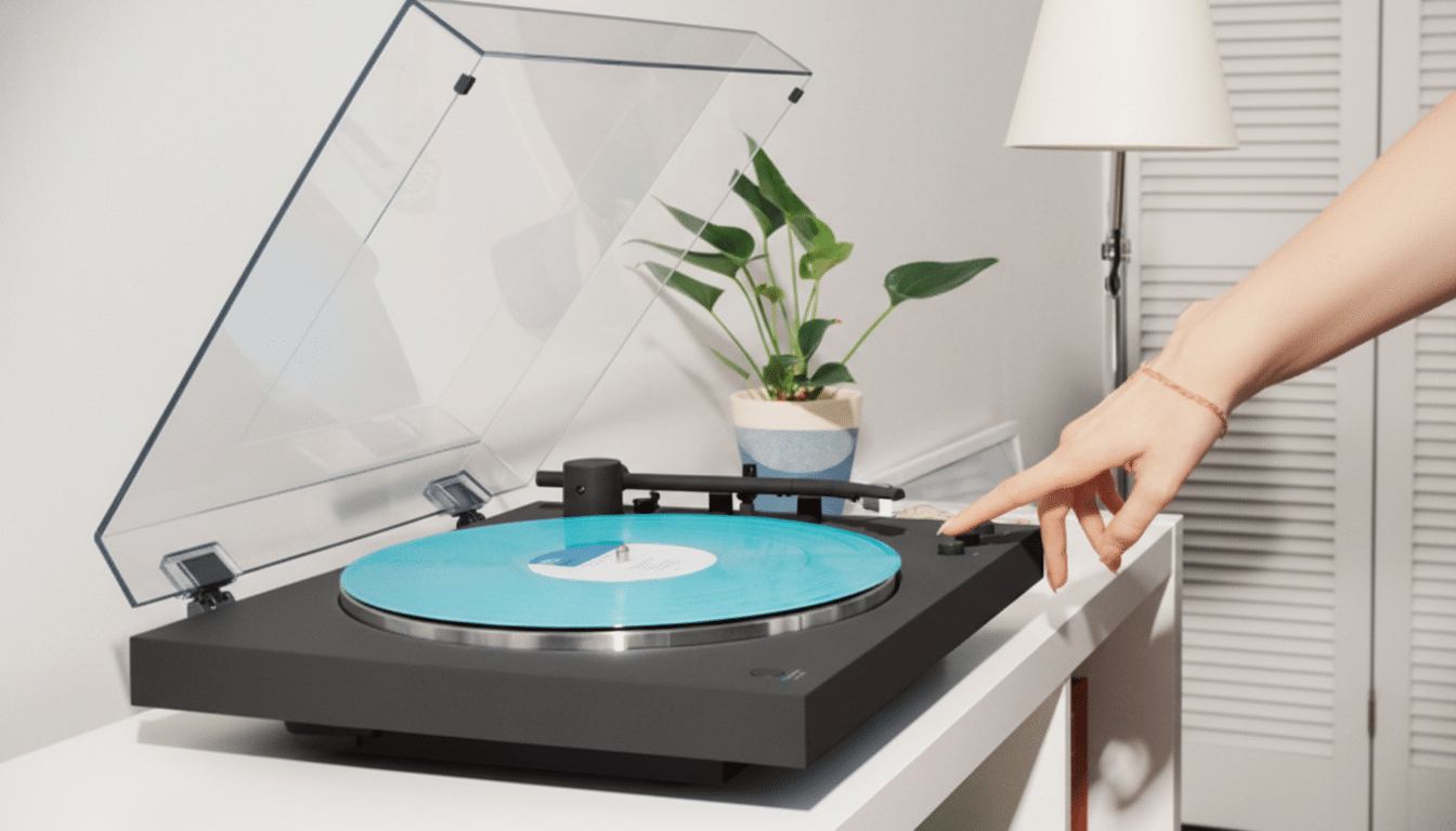 A hand pressing a button on a black record player with a light blue vinyl record, set on a white table with a plant and lamp in the background.