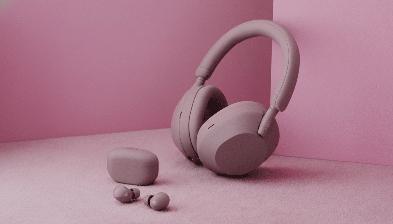 A pair of pink Sony headphones, a charging case, and two earbuds are displayed on a pink textured surface against a pink wall.