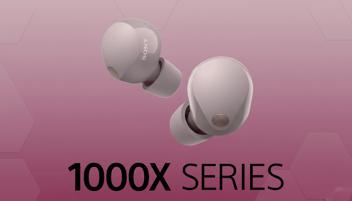 A pair of light grey Sony 1000X Series wireless earbuds with gold accents, presented on a professional flat design background with soft pink and purple gradients and subtle hexagonal patterns.