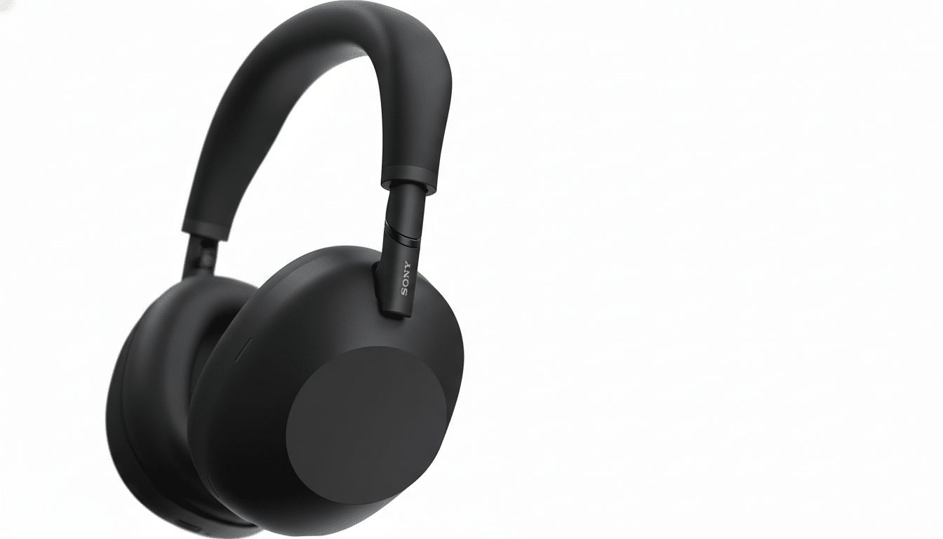 A pair of black Sony WH-1000XM5 noise-canceling headphones, angled slightly to the right, with the Sony logo visible on the right earcup. The background is a clean, professional white.