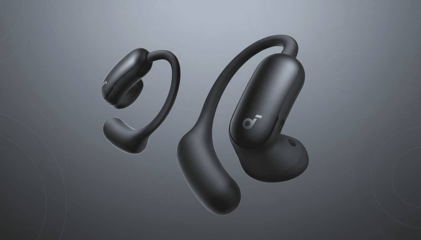 A pair of black Anker Soundcore AeroFit Pro open-ear headphones, shown at a slight angle against a professional gray gradient background with subtle circular patterns.