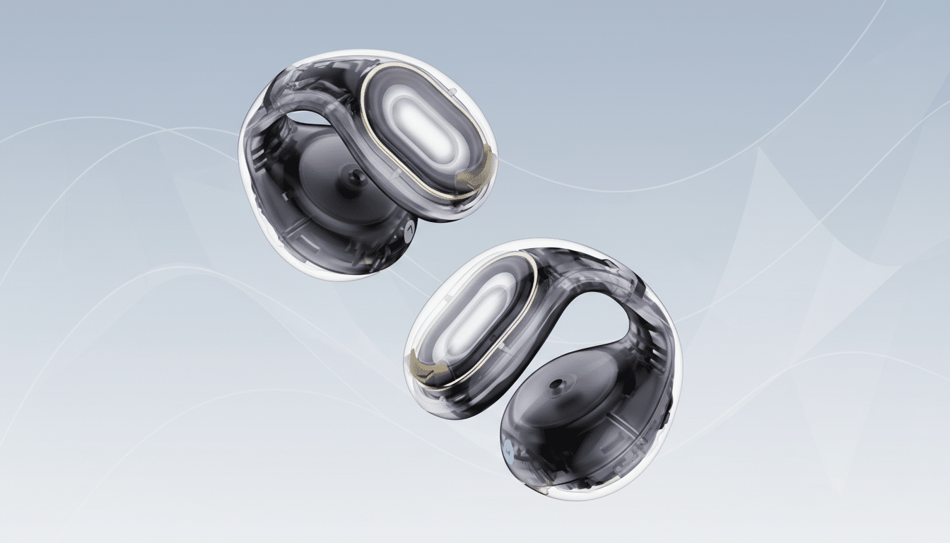 Two transparent, dark gray, and gold ear cuffs are shown against a light blue and gray background with subtle wave patterns.