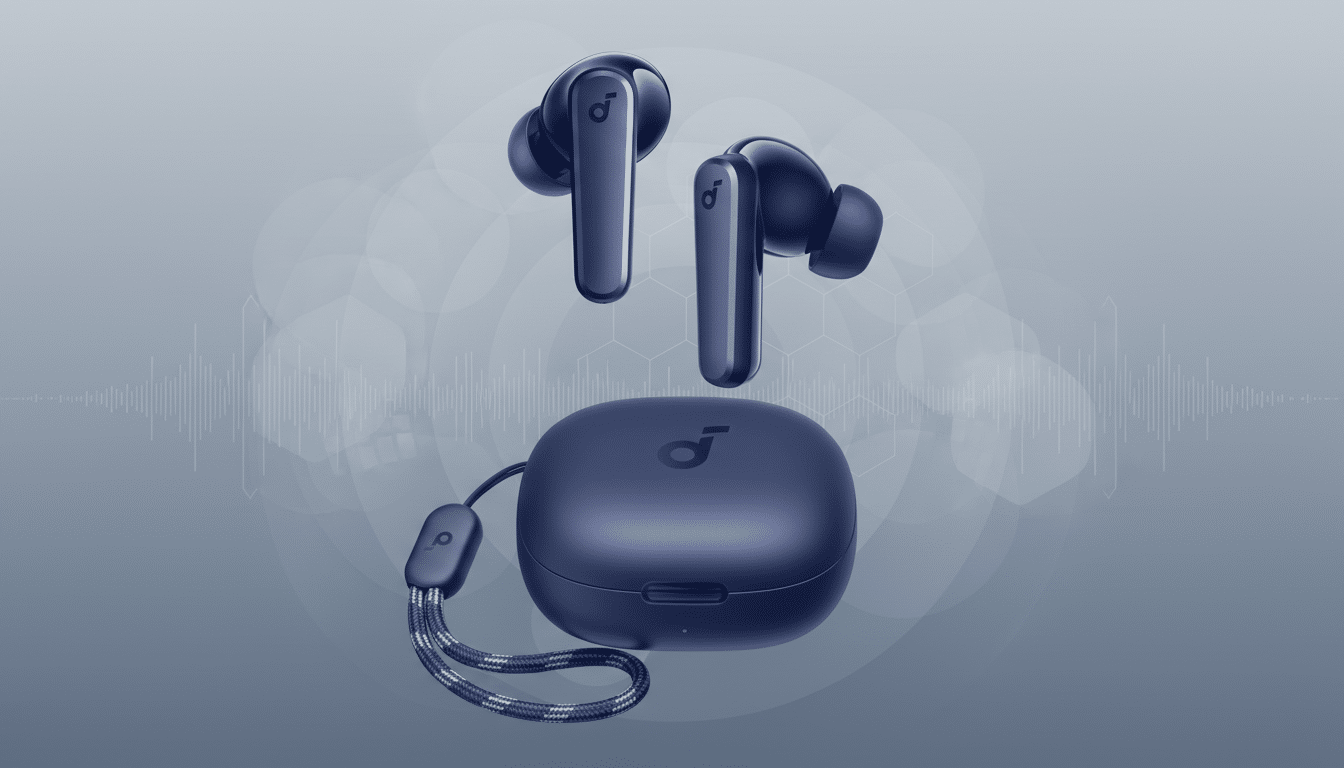 A pair of dark blue wireless earbuds and their matching charging case with a braided wrist strap, presented on a professional flat design background with soft patterns and gradients.