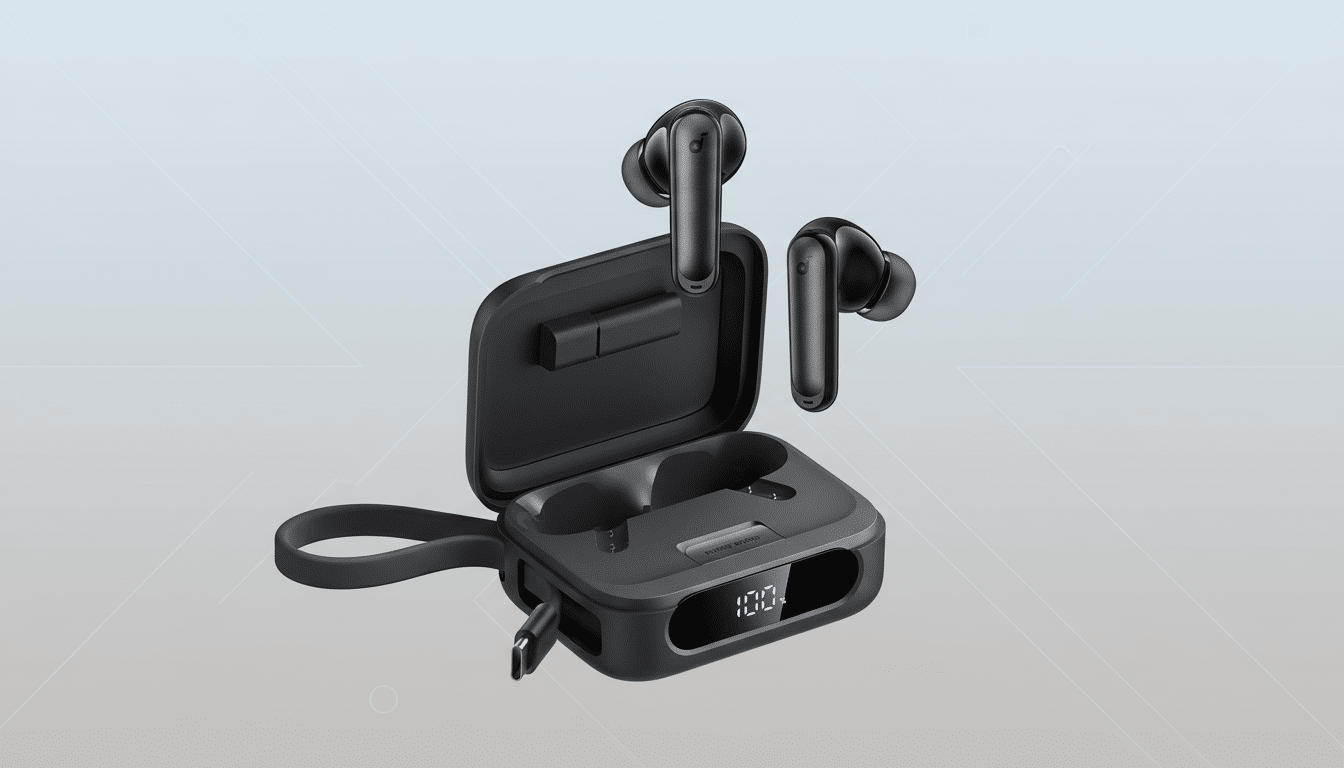 A pair of black wireless earbuds with their charging case, presented on a professional flat design background with soft patterns.