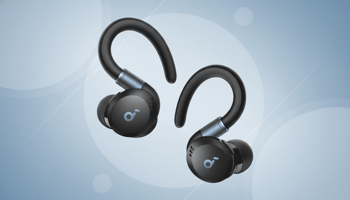 A pair of black Anker Soundcore Sport X10 earbuds with blue accents, presented on a professional light blue background with subtle geometric patterns.