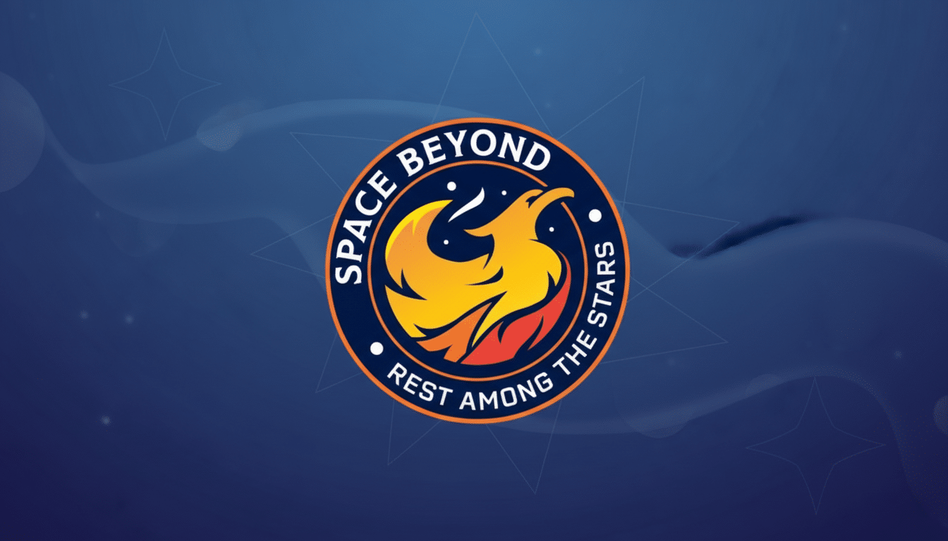 The Space Beyond logo, featuring a stylized phoenix in orange and red, centered on a professional blue background with subtle star patterns and soft gradients.