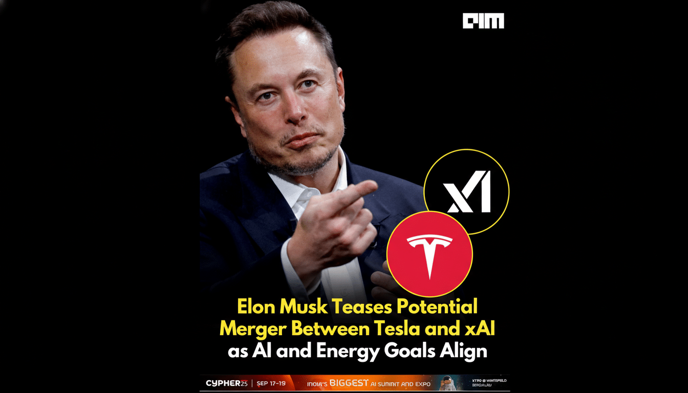 Elon Musk is featured in a 16:9 aspect ratio image, with the text Elon Musk Teases Potential Merger Between Tesla and xAI as AI and Energy Goals Align. The Tesla and xAI logos are also visible.