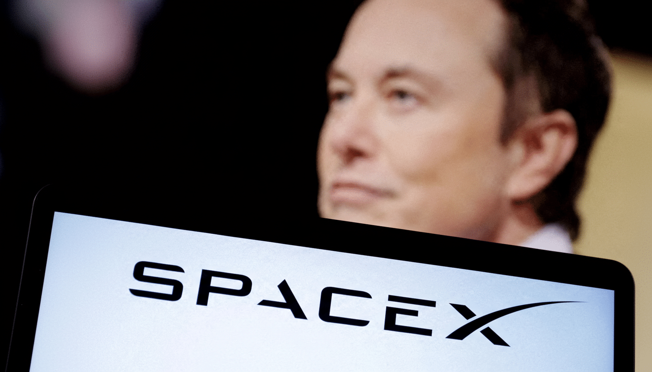 A 16:9 aspect ratio image showing Elon Musk in the background, slightly out of focus, with the SpaceX logo prominently displayed on a screen in the foreground.