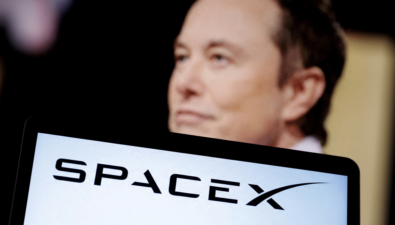 A 16:9 aspect ratio image showing the SpaceX logo on a screen in the foreground, with Elon Musks blurred face in the background.