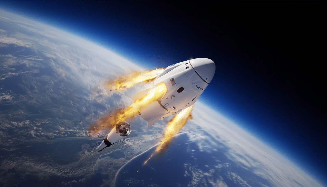 A SpaceX Dragon capsule separating from its rocket booster with fiery exhaust, set against the Earths curvature and atmosphere.