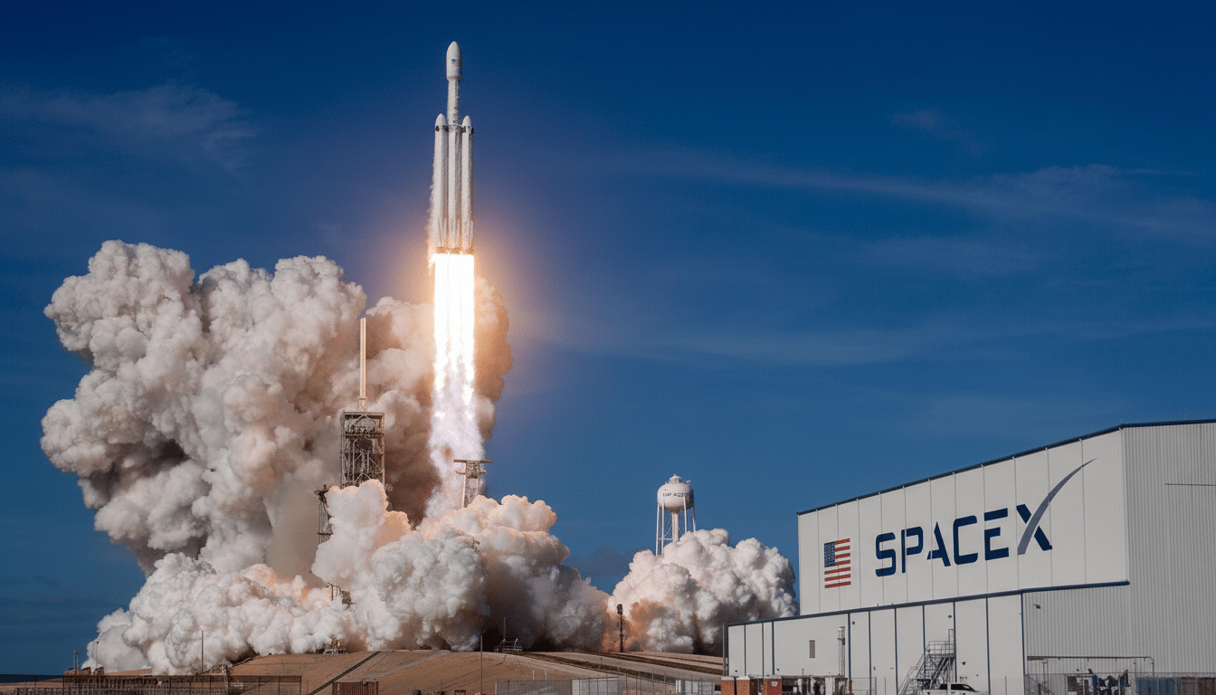 A SpaceX Falcon Heavy rocket launches from a launchpad, surrounded by a massive cloud of smoke and fire, with a SpaceX building and water tower in the foreground under a clear blue sky.