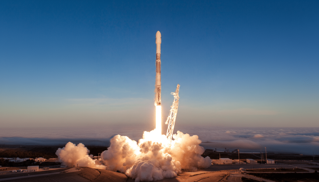 A rocket launching into a clear blue sky, with a large plume of smoke and fire at its base.