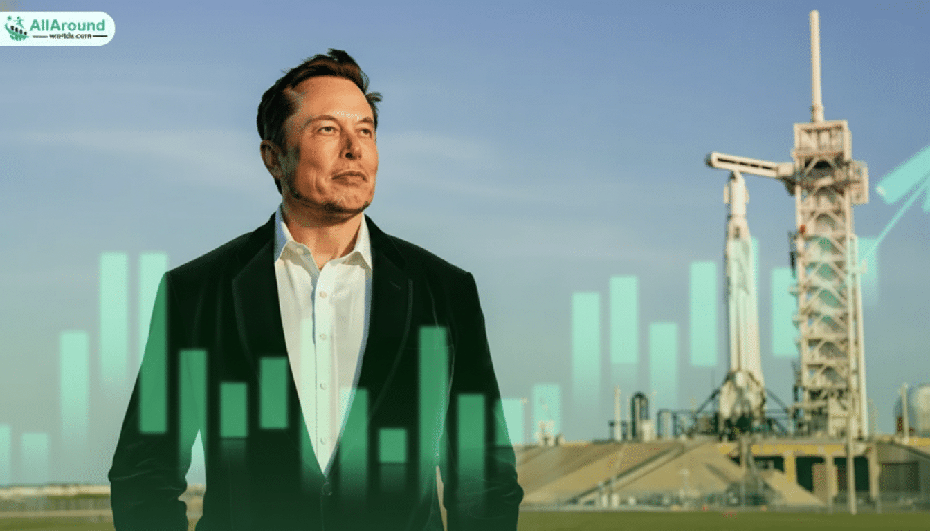 A 16:9 aspect ratio image of Elon Musk in a suit, looking thoughtfully towards the right, with a rocket launchpad in the background and a transparent green bar graph overlay.