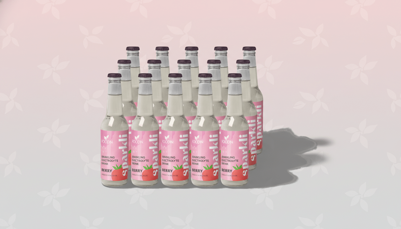 A 16:9 aspect ratio image of twelve Sparkli Berry sparkling electrolyte drink bottles arranged in a grid, with a soft pink gradient background featuring subtle leaf patterns.