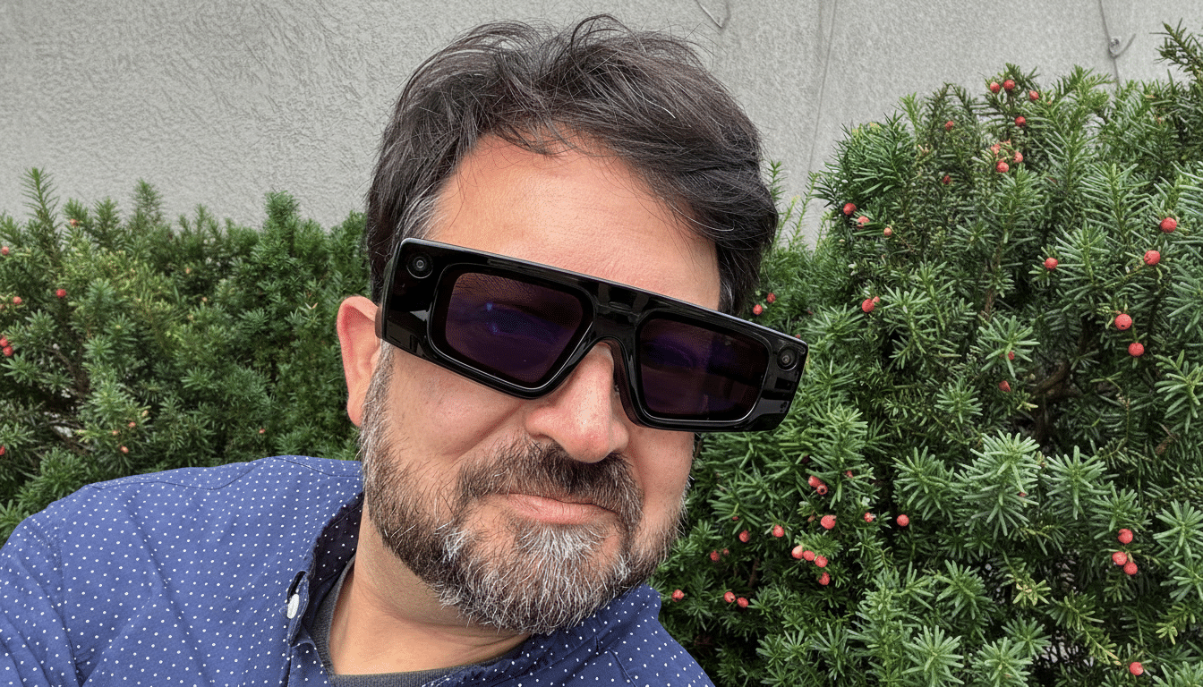 A man with a beard wearing black smart glasses, smiling slightly, with green bushes and a gray wall in the background.