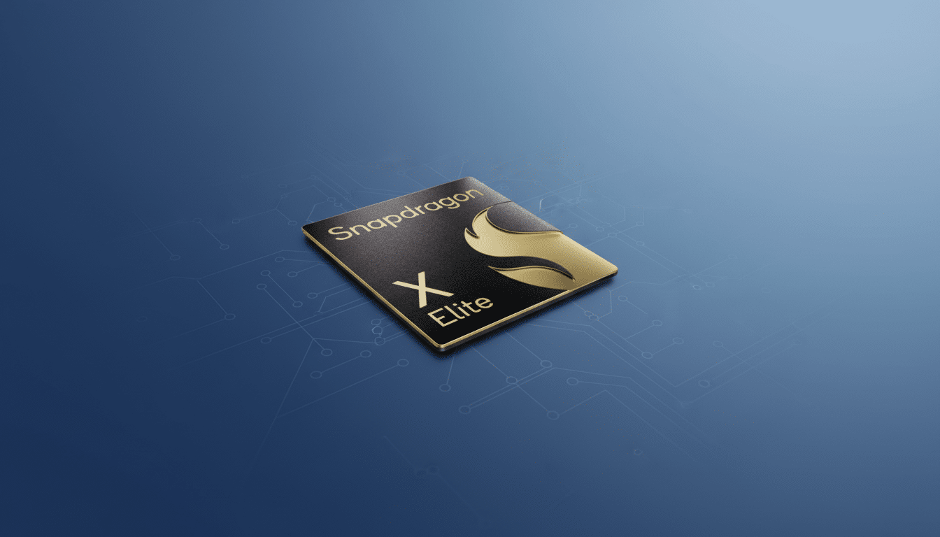 A Snapdragon X Elite chip on a professional flat blue background with subtle circuit patterns.