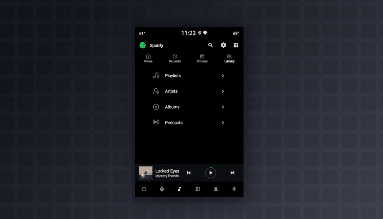 A professional, enhanced image of the Spotify app interface in dark mode, resized to a 16:9 aspect ratio. The app displays the Library section with options for Playlists, Artists, Albums, and Podcasts. A song titled Locked Eyes by Mystery Friends is playing at the bottom. The background is a subtle dark gray with a grid pattern, complementing the apps interface.