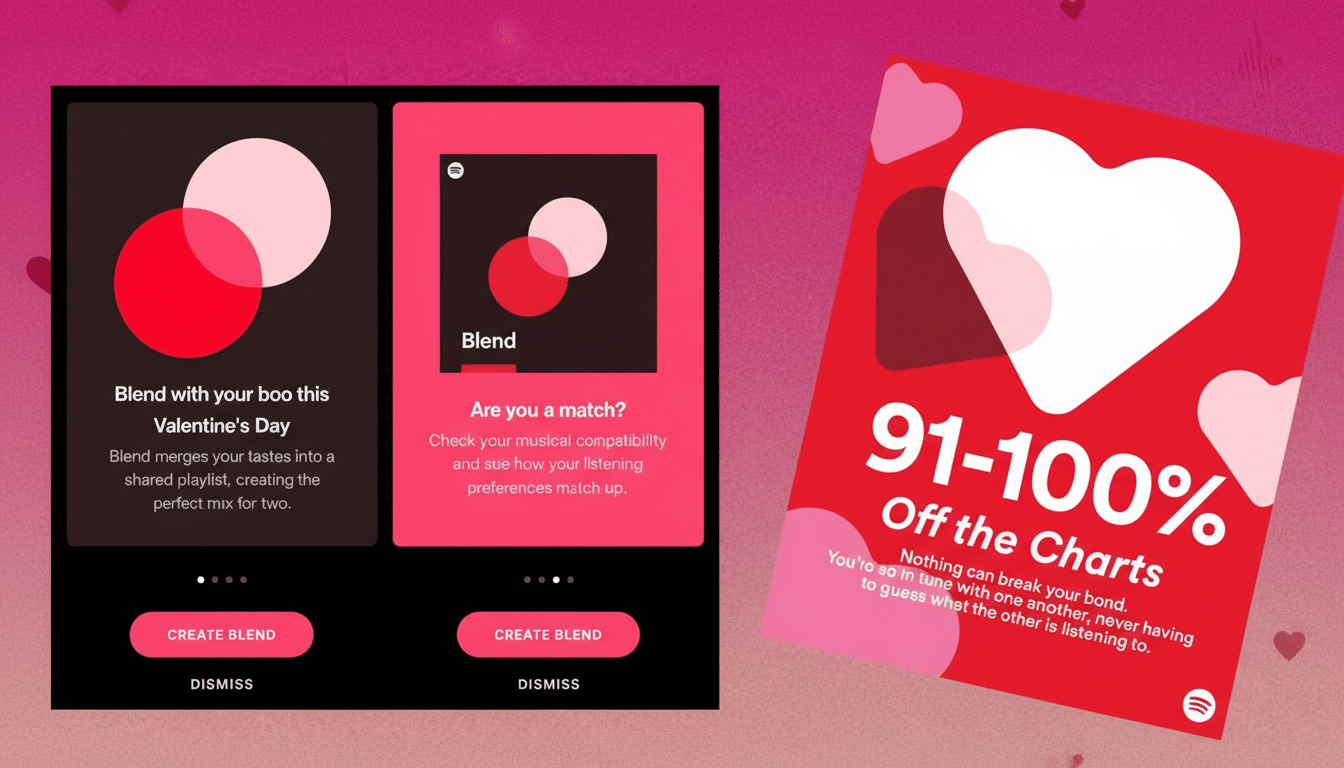 A 16:9 aspect ratio image showing two Spotify Blend screens on the left and a red card with 91-100% Off the Charts on the right, all against a professional background with soft patterns.
