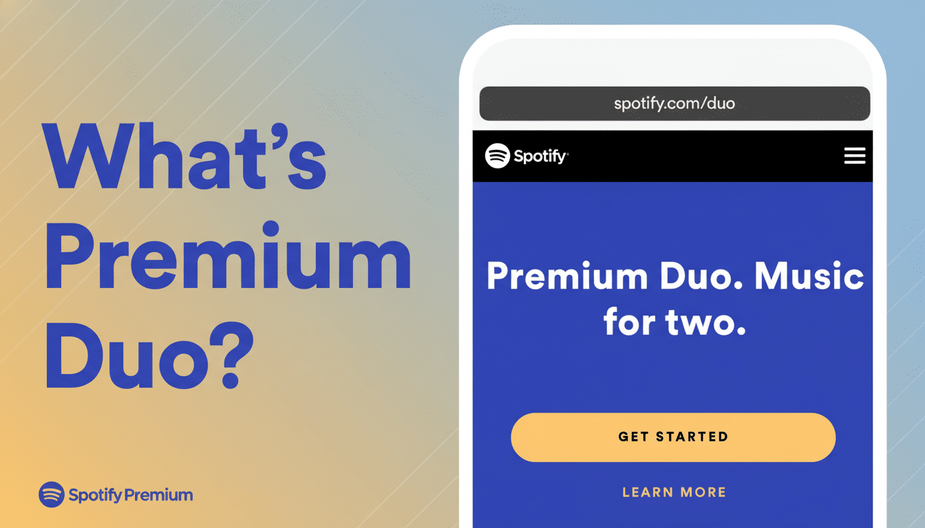 A 16:9 aspect ratio image featuring a mobile phone displaying Premium Duo. Music for two. on the right, and Whats Premium Duo? on the left, with a gradient background.