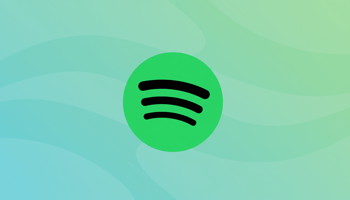 The Spotify logo, a bright green circle with three black curved lines, centered on a professional flat design background with soft blue and green gradients and subtle wave patterns.