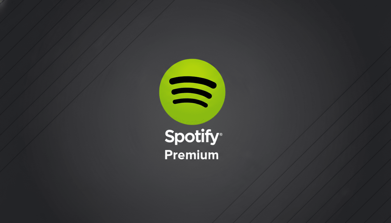 The Spotify Premium logo, featuring a bright green circle with three black horizontal sound wave lines, centered above the white text Spotify® Premium, all set against a dark gray background with subtle diagonal line patterns.