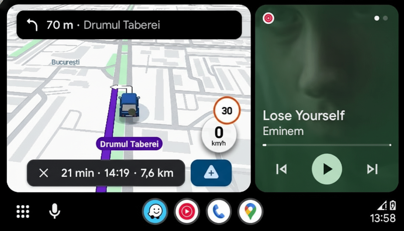 A resized image of a cars infotainment system displaying navigation and music.