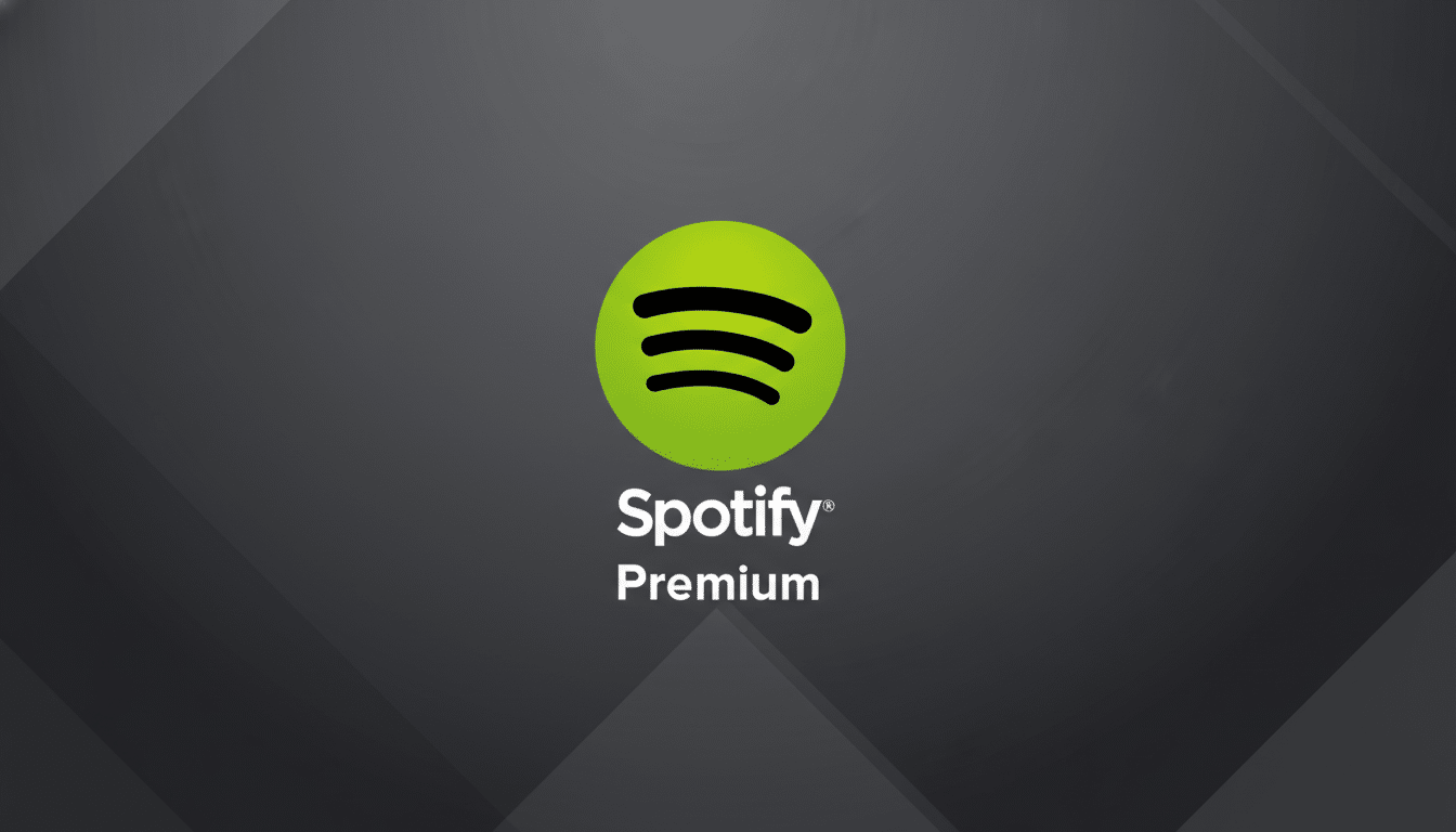 The Spotify Premium logo, featuring a bright green circle with three black horizontal sound waves, centered above the white text Spotify Premium on a dark gray background with subtle geometric patterns.