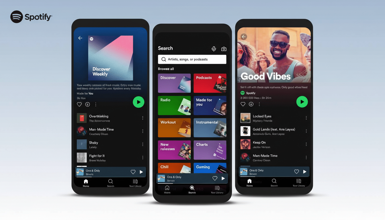 A 16:9 aspect ratio image featuring three mobile phones displaying the Spotify app interface. The left phone shows a Discover Weekly playlist, the middle phone shows the search and browse categories, and the right phone shows a Good Vibes playlist with a person smiling. The background is a clean, professional flat design with soft gradients, maintaining the original phones and their content.
