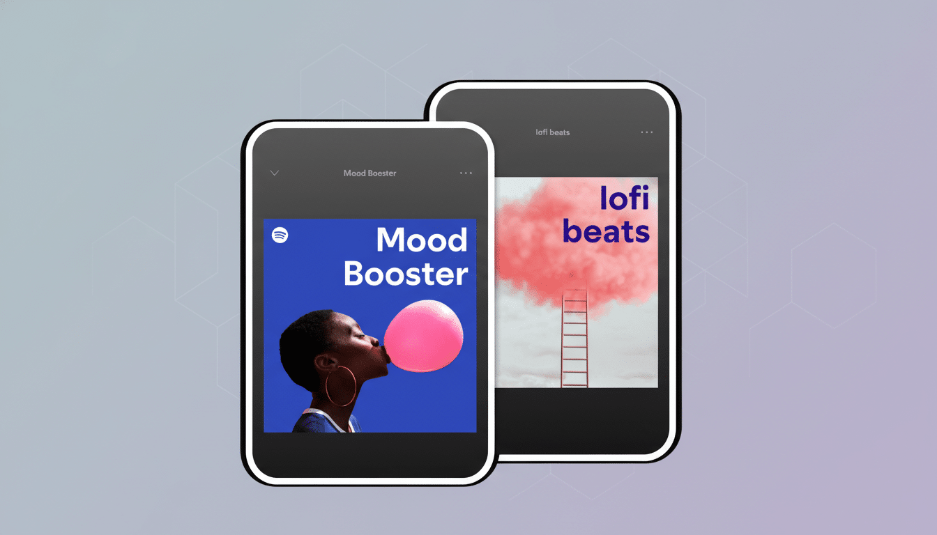 Two mobile phones displaying music app interfaces, with the foreground phone showing a Mood Booster playlist cover featuring a person blowing a pink bubblegum bubble, and the background phone showing a lofi beats playlist cover with a ladder leading to a pink cloud. The background is a professional flat design with soft patterns and gradients.