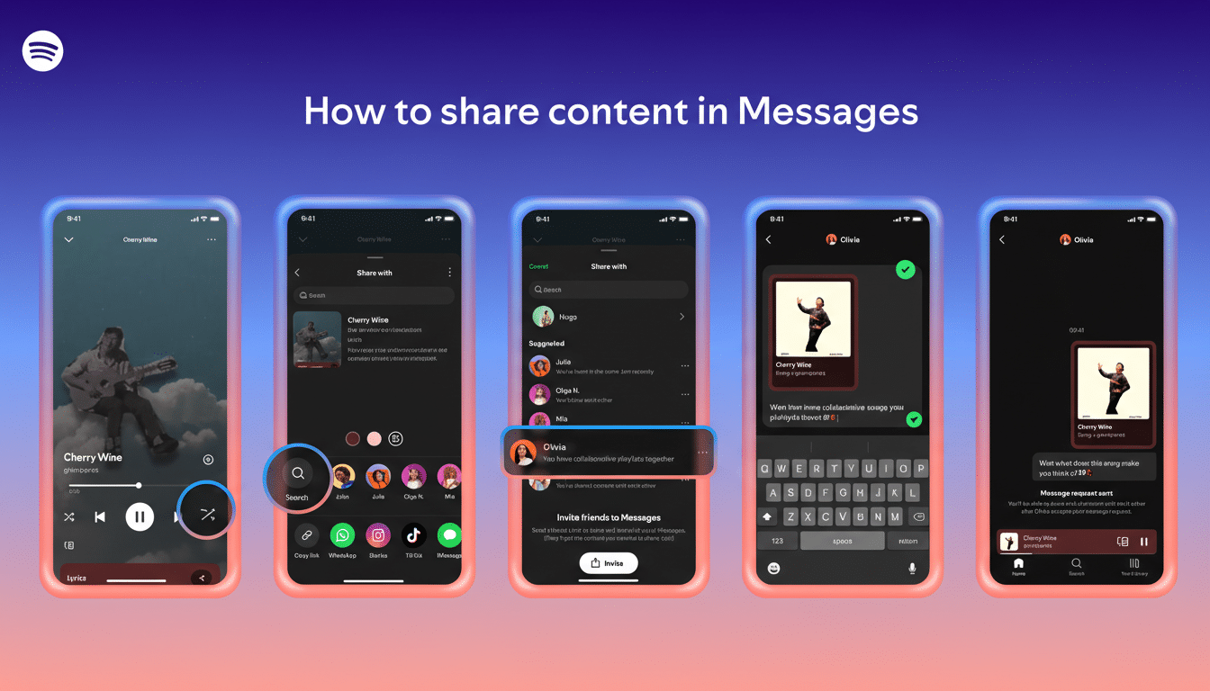 A 16:9 aspect ratio image showing a sequence of five smartphone screens demonstrating how to share content in Messages, with the Spotify logo and the title How to share content in Messages at the top.