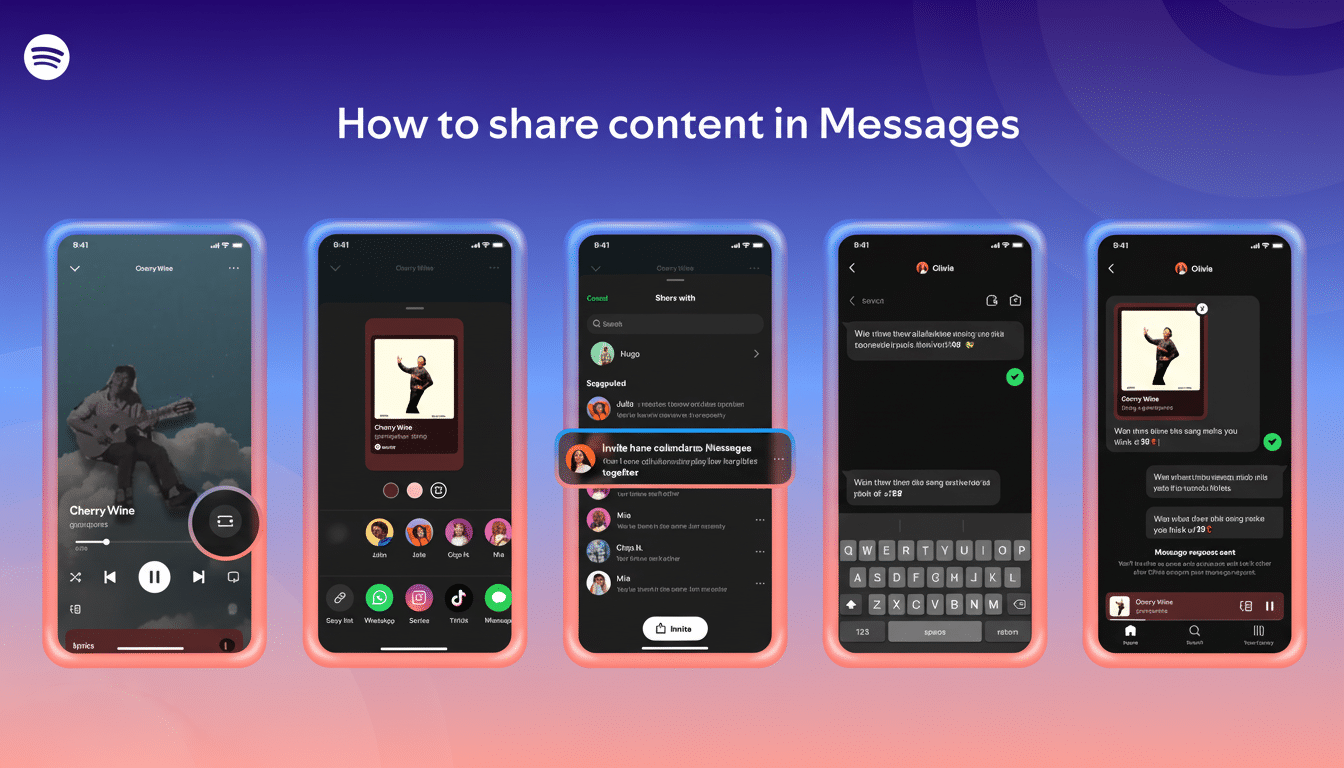 A 16:9 aspect ratio image showing a sequence of five smartphone screens demonstrating how to share content in Messages, with the Spotify logo and the title How to share content in Messages at the top.