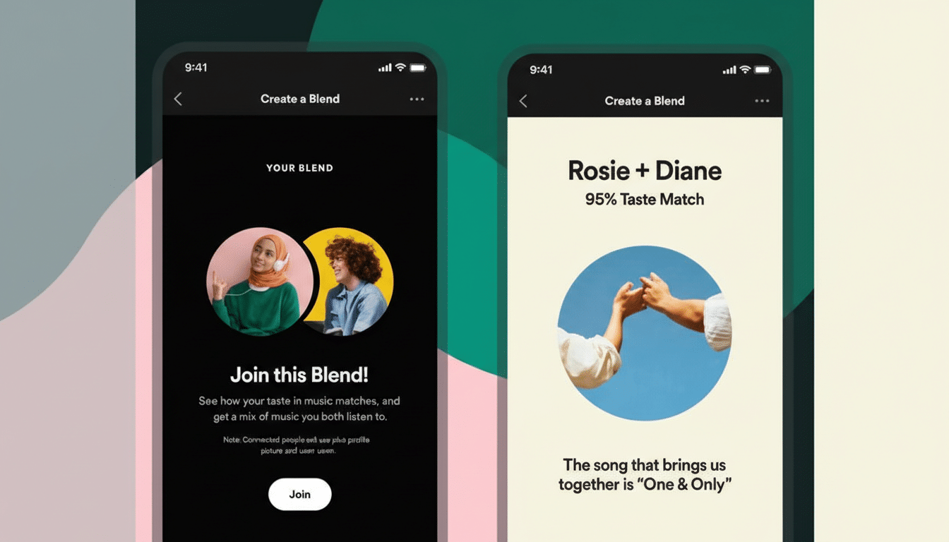 Two mobile phone screens displaying a music blending app. The left screen shows YOUR BLEND with two profile pictures, one of a woman in a hijab and another of a person with curly hair, and a Join this Blend! prompt. The right screen shows Rosie + Diane 95% Taste Match with an image of two hands clasped against a blue sky, and text The song that brings us together is One & Only. The background is a professional flat design with soft patterns in green and pink.