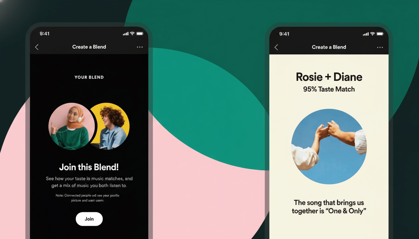 Two smartphone screens displaying a music blending app. The left screen shows Your Blend with two profile pictures, and the right screen shows Rosie + Diane 95% Taste Match with two hands clasped together.