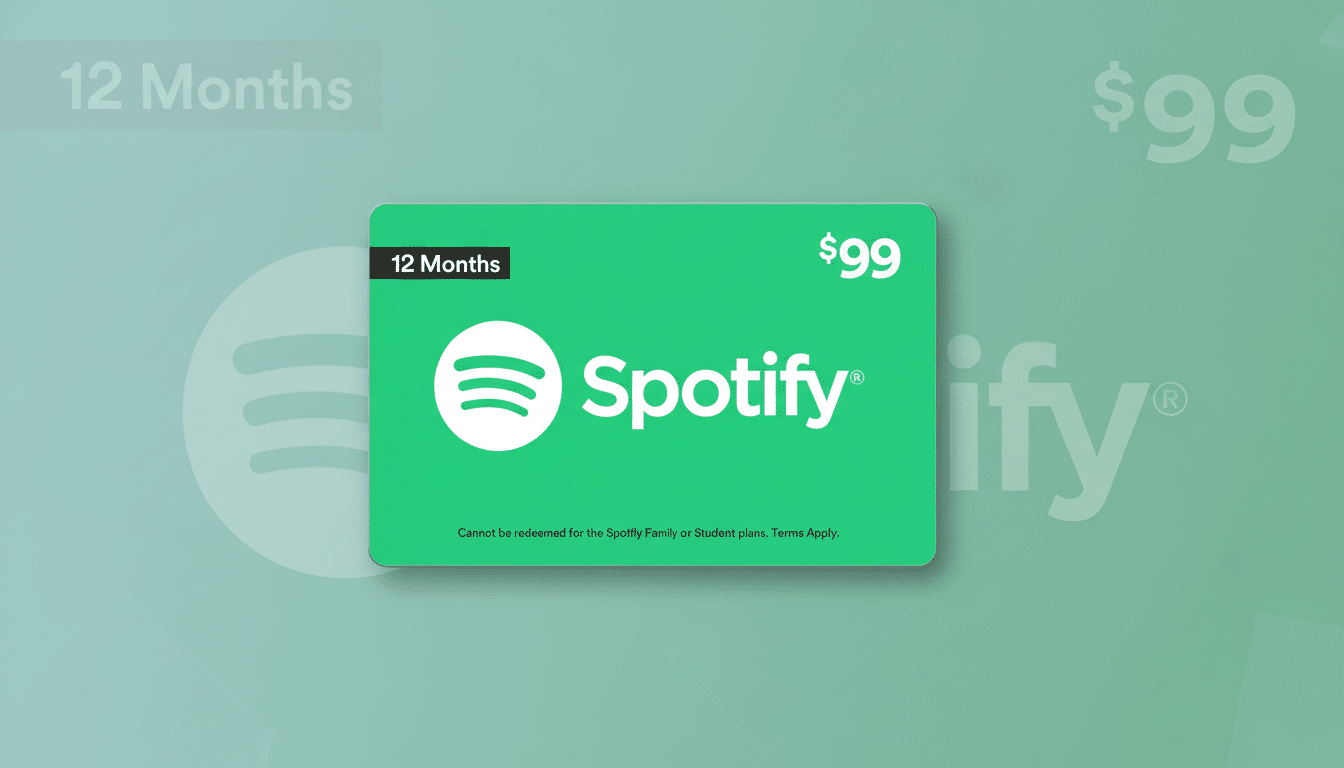 A 16:9 aspect ratio image of a green Spotify gift card for 12 months and $99, centered on a professional flat design background with soft green gradients and subtle Spotify branding.