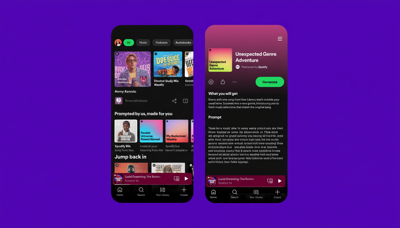 A 16:9 aspect ratio image of two Spotify mobile app screens. The left screen shows various playlists and podcasts, while the right screen displays details for an Unexpected Genre Adventure feature.